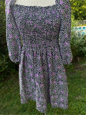 Smocked Bodice Floral Dress - Purple/Black Maje